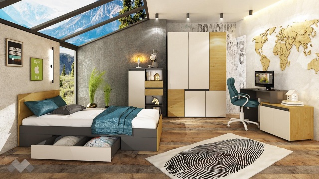 Детски спален комплект Тоби с включен матрак Бонел 90/200 графит със златен дъб и кашмир - МебелМаг Детски спален комплект Тоби с включен матрак Бонел 90/200 графит със златен дъб и кашмир