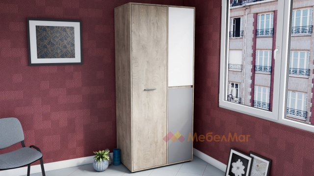 Гардероб Мито двукрилни дъб суров с бяло и кобалтово сиво - МебелМаг Гардероб Мито двукрилни дъб суров с бяло и кобалтово сиво