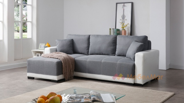 Ъглов диван Дъглас с посока сив с бяла кожа - МебелМаг Ъглов диван Дъглас с посока сив с бяла кожа