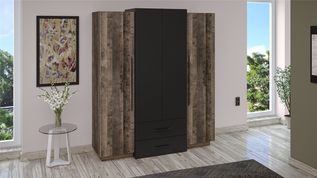 Гардероб Каляри четирикрилни колониален дъб с черно - МебелМаг Гардероб Каляри четирикрилни колониален дъб с черно
