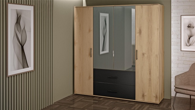 Гардероб Ламела четирикрилни дъб канела с дъб ламела и черно шагре - МебелМаг Гардероб Ламела четирикрилни дъб канела с дъб ламела и черно шагре