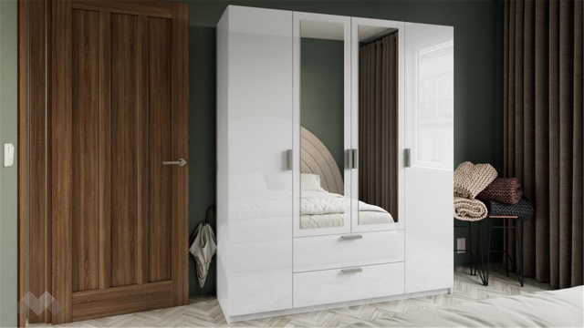 Гардероб Шайн четирикрилни бял гланц с бяло - МебелМаг Гардероб Шайн четирикрилни бял гланц с бяло