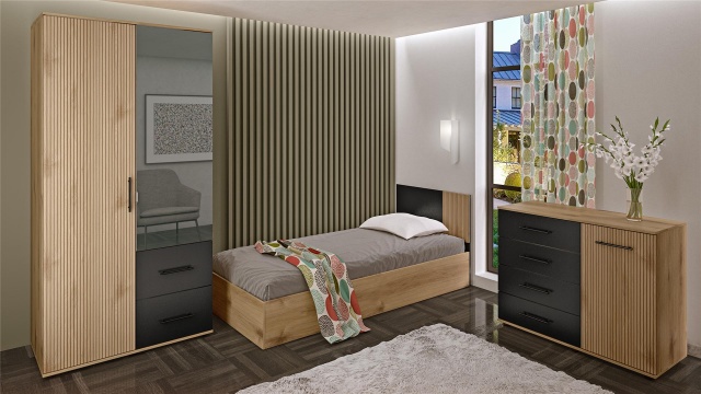 Детски спален комплект Ламела Л2 дъб канела с дъб ламела и черно шагре - МебелМаг Детски спален комплект Ламела Л2 дъб канела с дъб ламела и черно шагре
