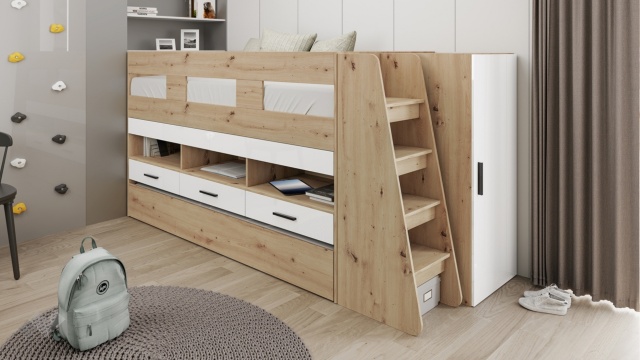 Двуетажно легло Франк с включени матраци Бонел 90/200 дъб артисан с бял гланц - МебелМаг Двуетажно легло Франк с включени матраци Бонел 90/200 дъб артисан с бял гланц