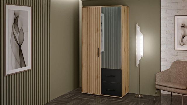 Гардероб Ламела двукрилни дъб канела с дъб ламела и черно шагре