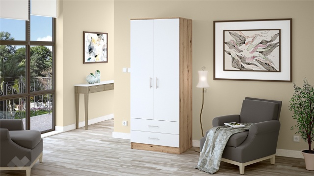 Гардероб Леонард двукрилни артизан с бяло - МебелМаг Гардероб Леонард двукрилни артизан с бяло