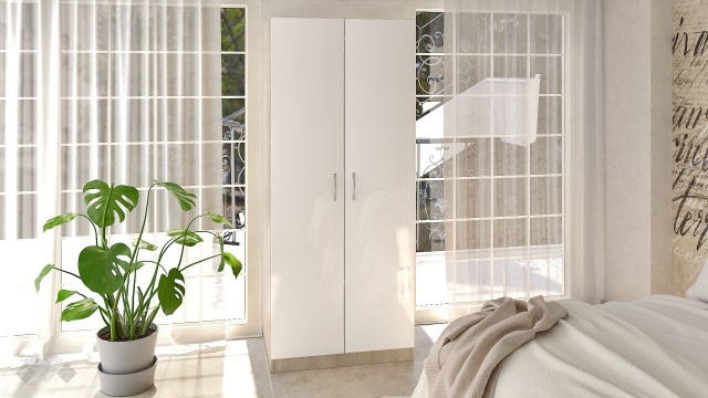 Гардероб Райън двукрилни сонома арвен с бял гланц - МебелМаг Гардероб Райън двукрилни сонома арвен с бял гланц