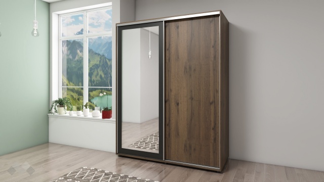 Гардероб с плъзгащи врати Кайли с плъзгащи врати дъб вотан с черно шагре - МебелМаг Гардероб с плъзгащи врати Кайли с плъзгащи врати дъб вотан с черно шагре