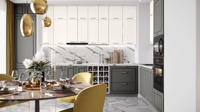 Кухня Зева прави цимент мат с крийм гланц и бяло гладко - МебелМаг Кухня Зева прави цимент мат с крийм гланц и бяло гладко