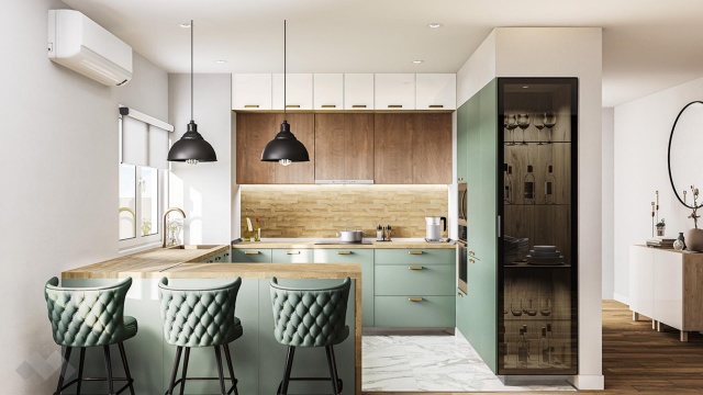 Кухня Амари с остров олив мат и крийм гланц