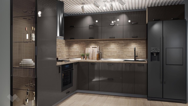 Кухня Ароса ъглови антрацит гланц с мока - МебелМаг Кухня Ароса ъглови антрацит гланц с мока