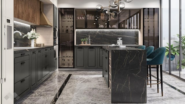 Кухня Дарма с остров цимент мат с крийм гланц и дъб натурал с мока