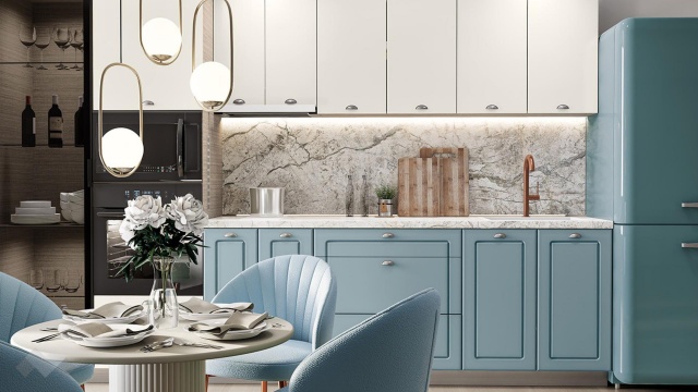 Кухня Исма прави деним мат с крийм гланц и мока - МебелМаг Кухня Исма прави деним мат с крийм гланц и мока