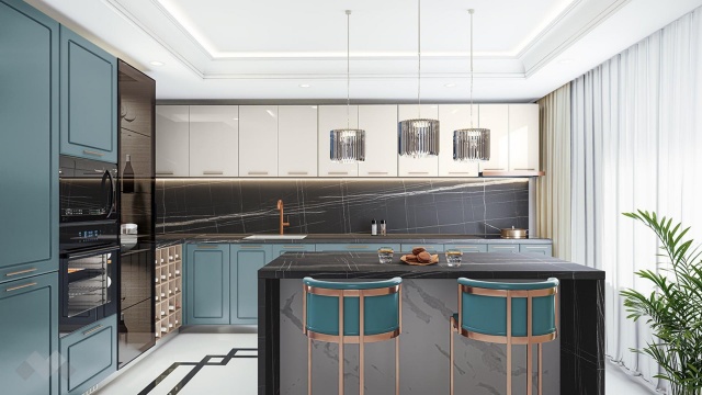 Кухня Ларо с остров деним мат с крийм гланц и мока - МебелМаг Кухня Ларо с остров деним мат с крийм гланц и мока