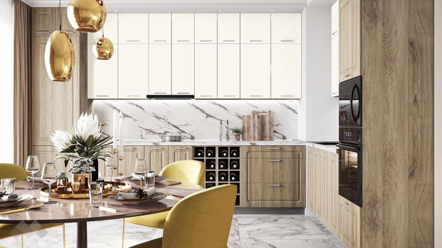 Кухня Марао крийм гланц със сонома и сонома арвен - МебелМаг Кухня Марао крийм гланц със сонома и сонома арвен