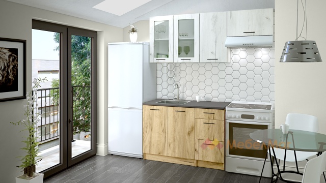 Кухня Никея 120 Н4 прави златен дъб с дъб крафт бял - МебелМаг Кухня Никея 120 Н4 прави златен дъб с дъб крафт бял