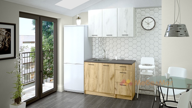 Кухня Никея 120 Н1 прави златен дъб с дъб крафт бял - МебелМаг Кухня Никея 120 Н1 прави златен дъб с дъб крафт бял