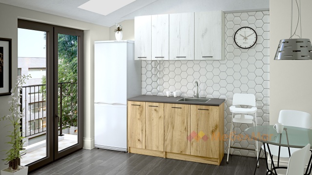 Кухня Никея 140 Н1 прави златен дъб с дъб крафт бял - МебелМаг Кухня Никея 140 Н1 прави златен дъб с дъб крафт бял