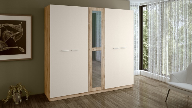 Гардероб Силва петкрилни дъб кадис с бяло гладко - МебелМаг Гардероб Силва петкрилни дъб кадис с бяло гладко
