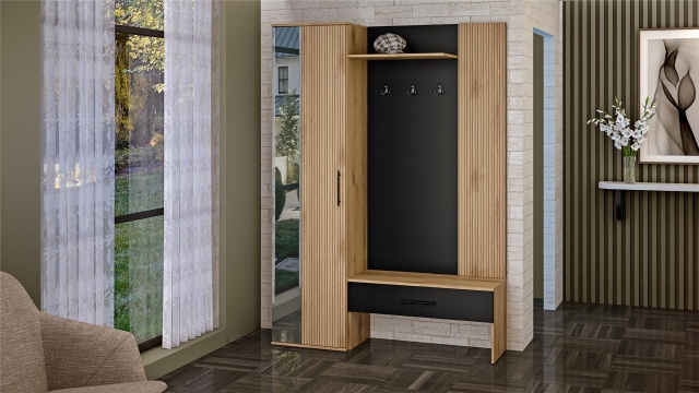 Портманто Ламела дъб канела с дъб ламела и черно шагре - МебелМаг Портманто Ламела дъб канела с дъб ламела и черно шагре