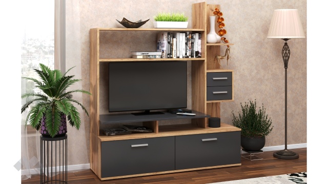 Секция Аликанте с открити рафтове златен дъб с антрацит - МебелМаг Секция Аликанте с открити рафтове златен дъб с антрацит