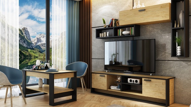 Секция Денвър модулни златен дъб с черно - МебелМаг Секция Денвър модулни златен дъб с черно