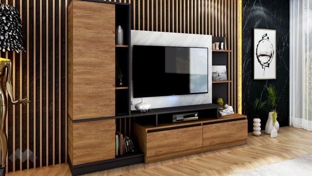 Секция Джаз с гардероб черно с денвър и мрамор - МебелМаг Секция Джаз с гардероб черно с денвър и мрамор