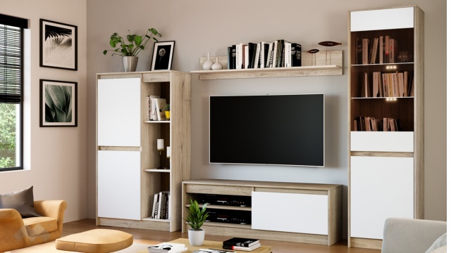 Секция Джералдин модулни сонома арвен с бяло гладко - МебелМаг Секция Джералдин модулни сонома арвен с бяло гладко