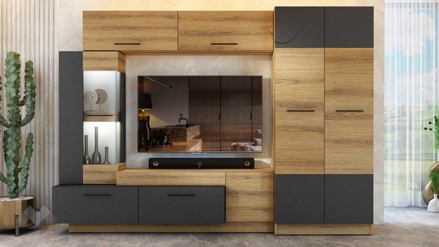 Секция Форте с гардероб дъб евок с графит - МебелМаг Секция Форте с гардероб дъб евок с графит