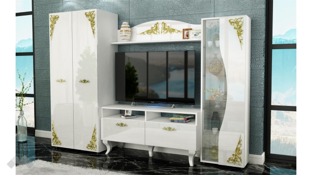 Секция Изабела с витрина бяло шагре с бял гланц - МебелМаг Секция Изабела с витрина бяло шагре с бял гланц