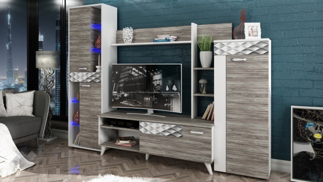 Секция Капри с витрина дъб антрацит с бяло - МебелМаг Секция Капри с витрина дъб антрацит с бяло