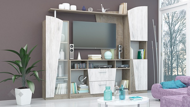 Секция Нанси с витрина дъб суров с дъб бланко - МебелМаг Секция Нанси с витрина дъб суров с дъб бланко