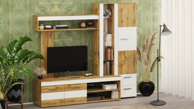 Секция Неапол с открити рафтове златен дъб с бяло - МебелМаг Секция Неапол с открити рафтове златен дъб с бяло