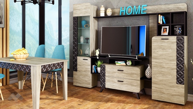 Секция Ница с витрина дъб навара с черно - МебелМаг Секция Ница с витрина дъб навара с черно