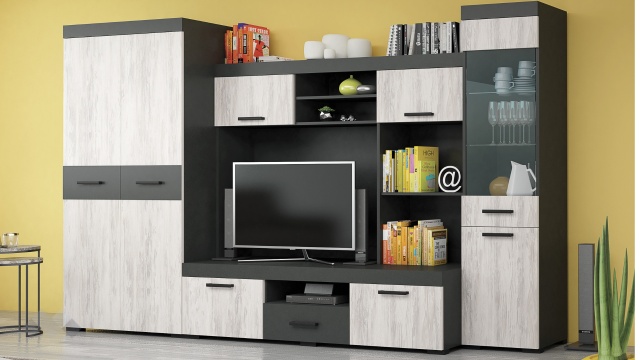 Секция Рен с гардероб дъб бланко с антрацит - МебелМаг Секция Рен с гардероб дъб бланко с антрацит