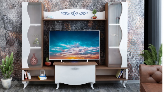 Секция Шик с LED осветление тиково дърво с бяло гланц - МебелМаг Секция Шик с LED осветление тиково дърво с бяло гланц