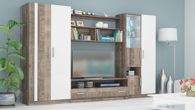 Секция Скарлет с гардероб колониален дъб с бял гланц - МебелМаг Секция Скарлет с гардероб колониален дъб с бял гланц