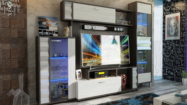 Секция Зара с LED осветление дъб крафт бял с винтидж - МебелМаг Секция Зара с LED осветление дъб крафт бял с винтидж