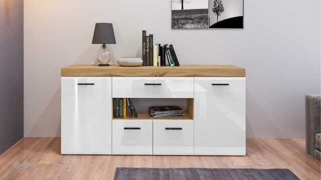 Скрин Халифакс дъб дакота с бяло гланц - МебелМаг Скрин Халифакс дъб дакота с бяло гланц