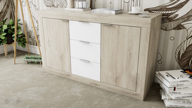 Скрин Клео сонома арвен с бял гланц - МебелМаг Скрин Клео сонома арвен с бял гланц