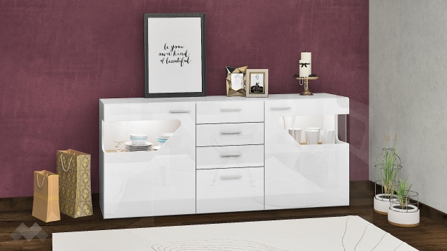 Скрин Мариано бяло гланц хайглос с дъб дакота - МебелМаг Скрин Мариано бяло гланц хайглос с дъб дакота