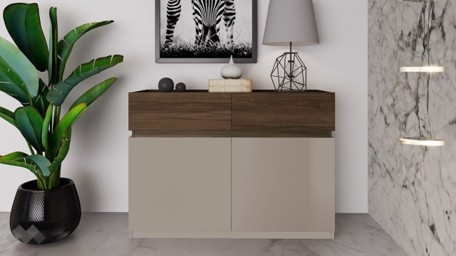 Скрин Поситано дъб дилън тъмен с капучино мат и пасифик - МебелМаг Скрин Поситано дъб дилън тъмен с капучино мат и пасифик