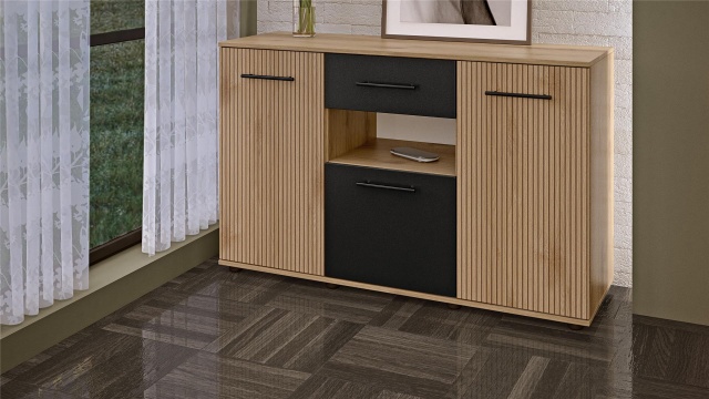 Скрин Ламела дъб канела с дъб ламела и черно шагре - МебелМаг Скрин Ламела дъб канела с дъб ламела и черно шагре