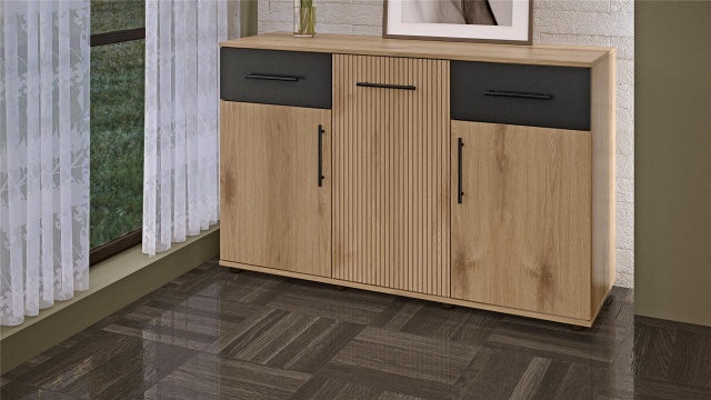 Скрин Ламела дъб канела с дъб ламела и черно шагре - МебелМаг Скрин Ламела дъб канела с дъб ламела и черно шагре