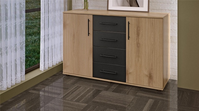 Скрин Ламела дъб канела с дъб ламела и черно шагре - МебелМаг Скрин Ламела дъб канела с дъб ламела и черно шагре