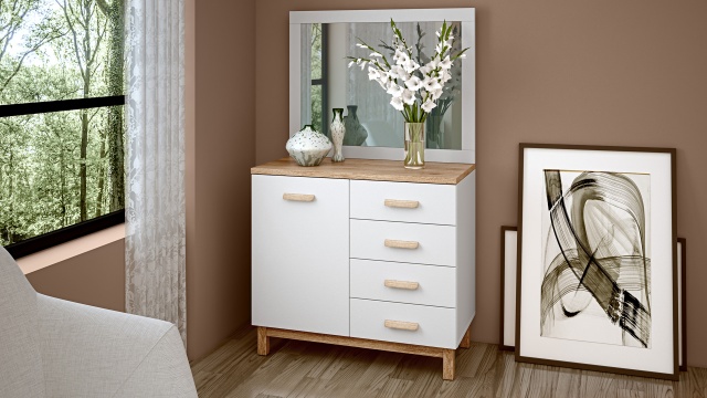 Скрин Линда бяло гладко с дъб кадис - МебелМаг Скрин Линда бяло гладко с дъб кадис