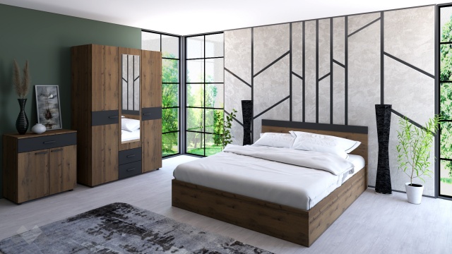 Спален комплект Дани дъб вотан с черно шагре - МебелМаг Спален комплект Дани дъб вотан с черно шагре