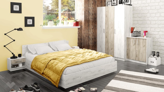 Спален комплект Ентърпрайс с включен матрак Бонел 160/200 дъб крафт бял с дъб крафт сив - МебелМаг Спален комплект Ентърпрайс с включен матрак Бонел 160/200 дъб крафт бял с дъб крафт сив