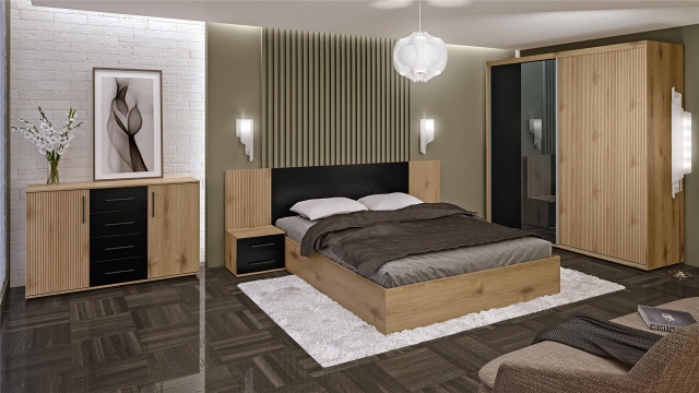 Спален комплект Ламела Л3 дъб канела с дъб ламела и черно шагре - МебелМаг Спален комплект Ламела Л3 дъб канела с дъб ламела и черно шагре