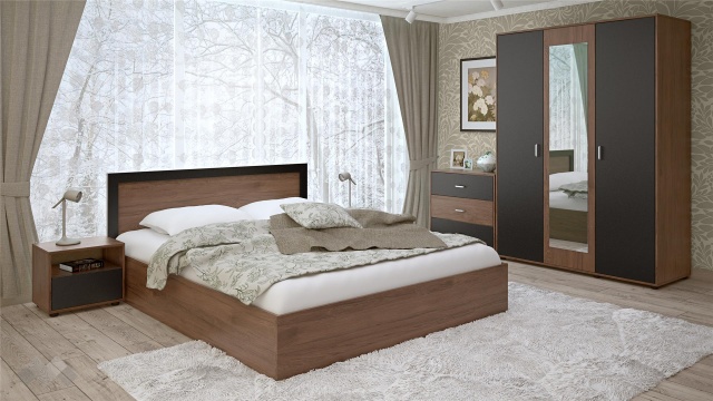 Спален комплект Летисия L с включен матрак Бонел 160/200 тъмен кедър с черно шагре - МебелМаг Спален комплект Летисия L с включен матрак Бонел 160/200 тъмен кедър с черно шагре